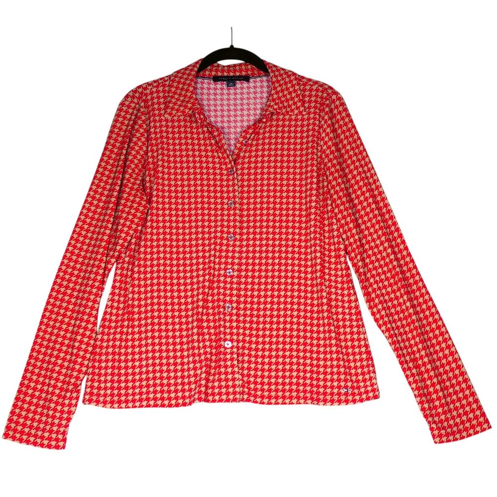 Tommy Hilfiger Blouse Womens Small Red Tan Houndstooth Button Front Long Sleeve - Picture 2 of 12